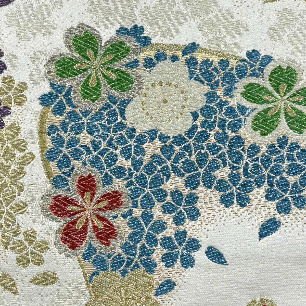 【美品】 袋帶 秀品級 樱花 樱花花瓣 金銀彩 金金箔 奶油 六通 純蠶絲