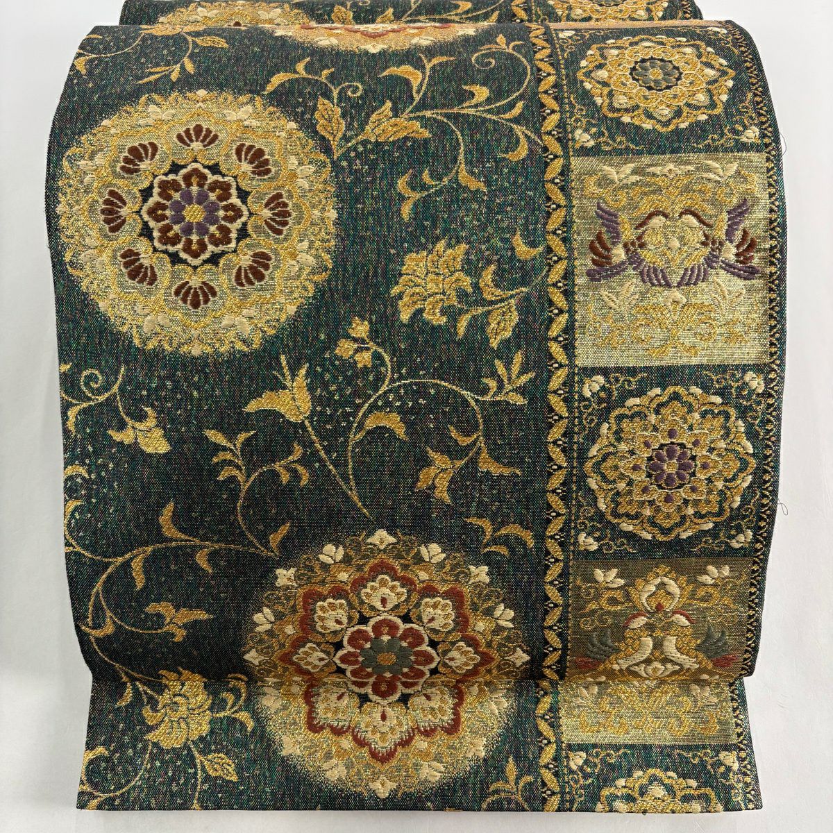 【美品】 袋帶 秀品級 華紋 向鳥 金金箔 金絲 綠 六通 純蠶絲