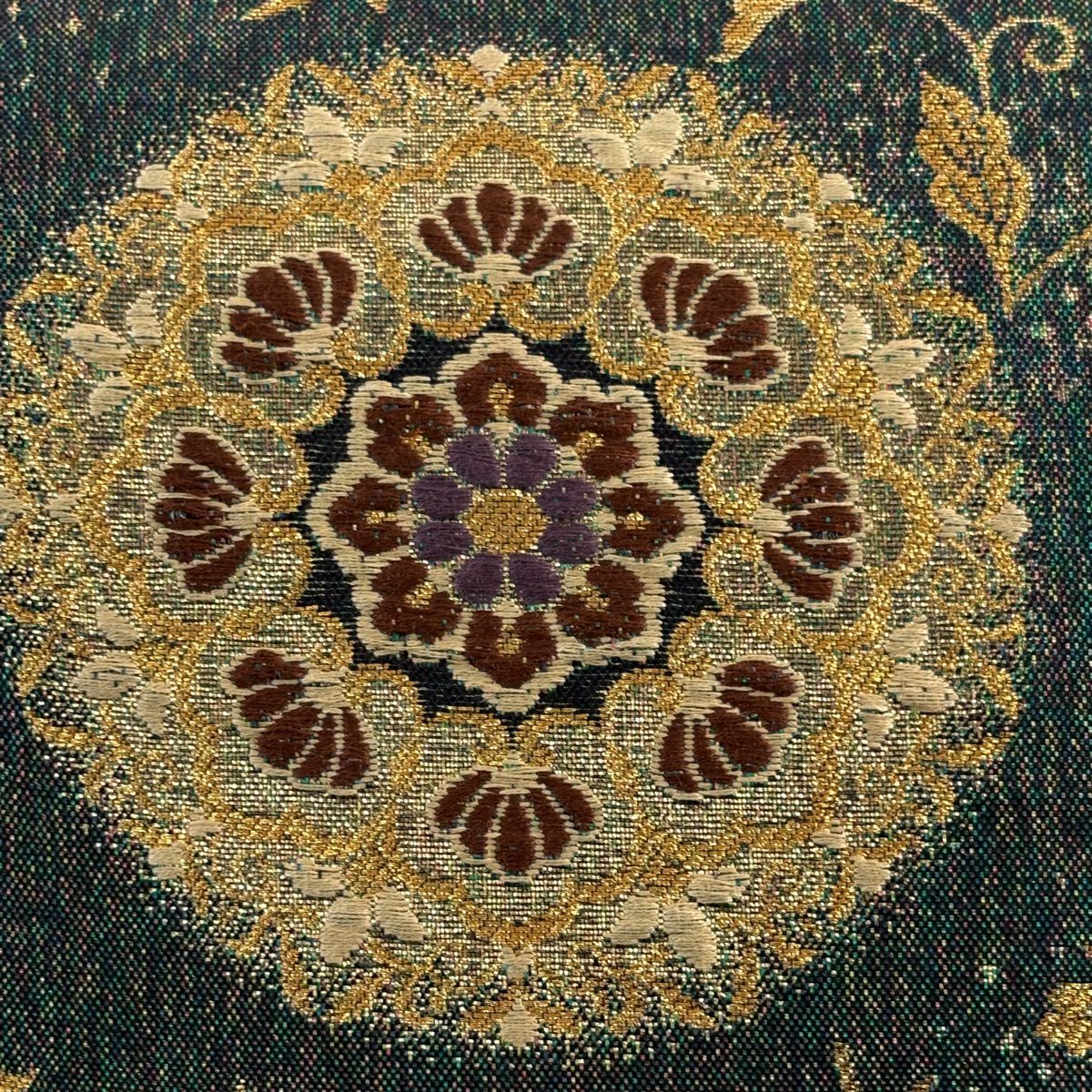 【美品】 袋帶 秀品級 華紋 向鳥 金金箔 金絲 綠 六通 純蠶絲