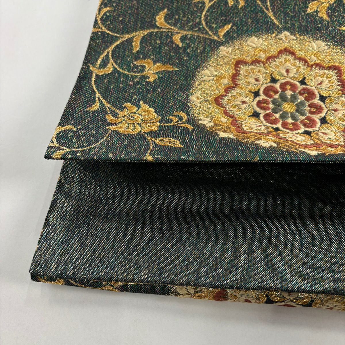 【美品】 袋帶 秀品級 華紋 向鳥 金金箔 金絲 綠 六通 純蠶絲