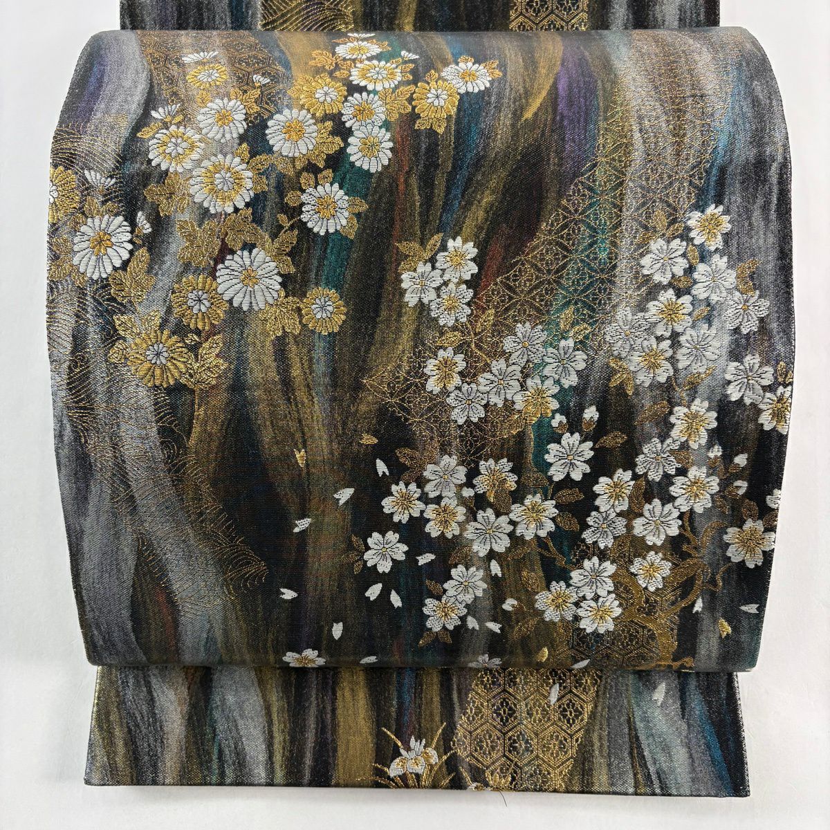 【美品】 袋帶 秀品級 樱花 菊花花 金金箔 黑 六通 純蠶絲