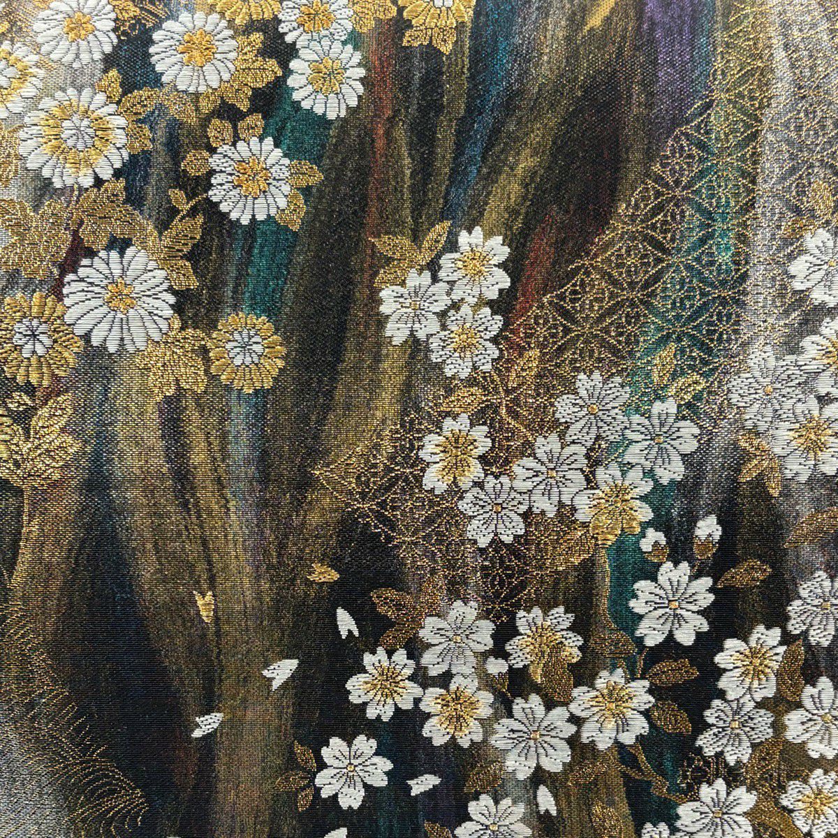 【美品】 袋帶 秀品級 樱花 菊花花 金金箔 黑 六通 純蠶絲
