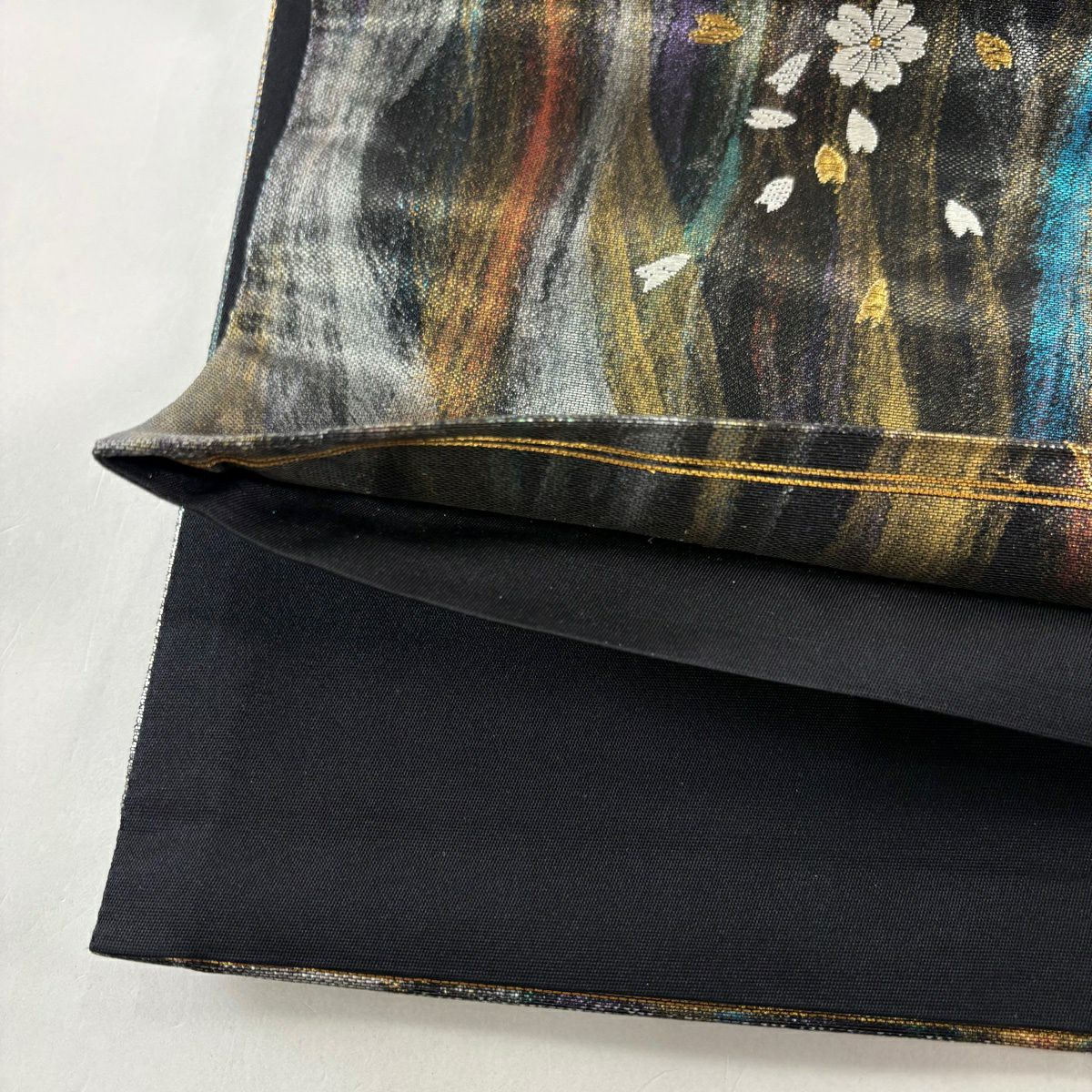 【美品】 袋帶 秀品級 樱花 菊花花 金金箔 黑 六通 純蠶絲