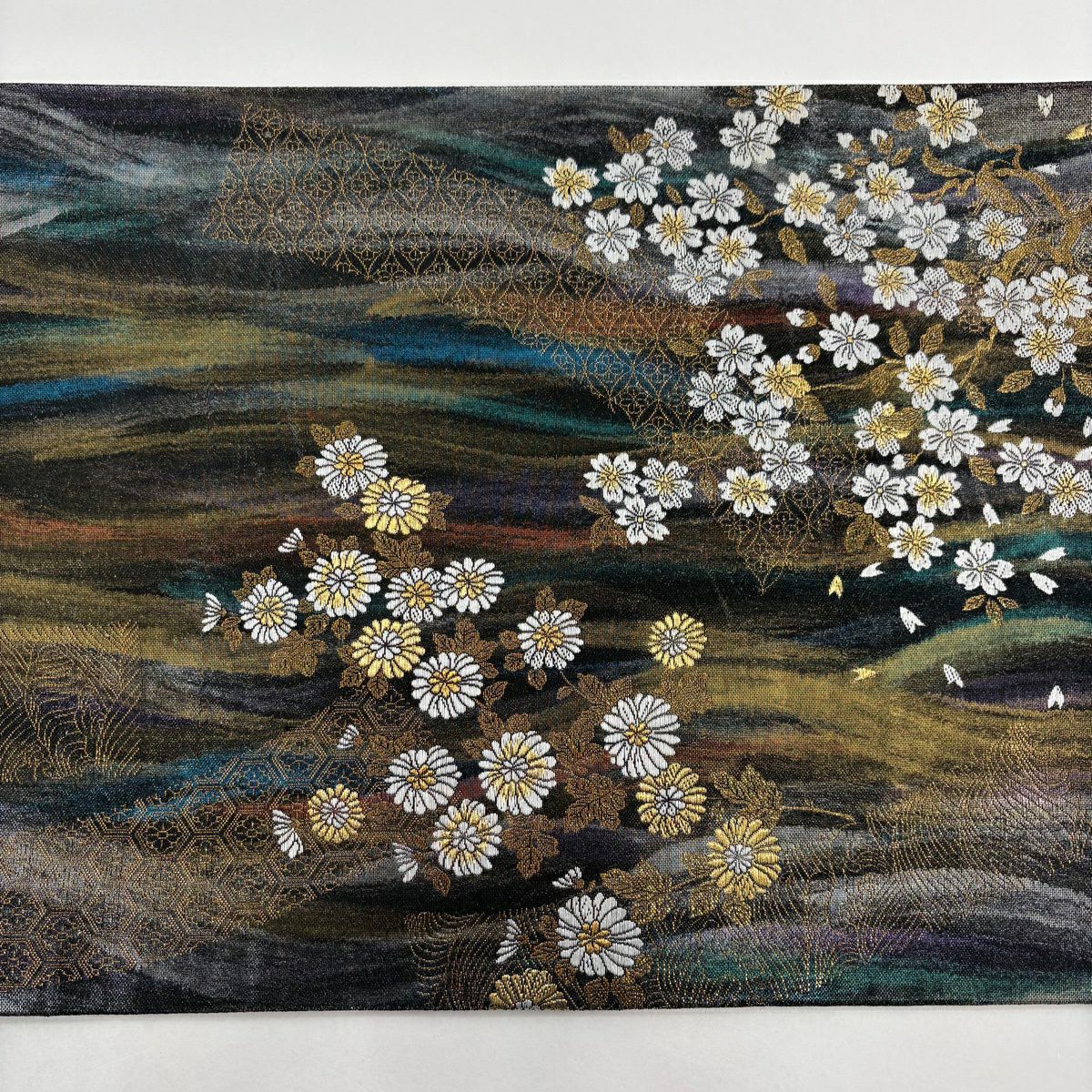 【美品】 袋帶 秀品級 樱花 菊花花 金金箔 黑 六通 純蠶絲