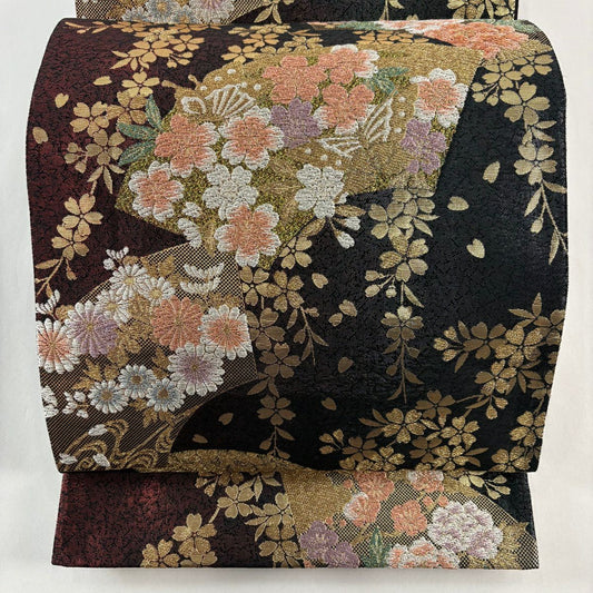 【美品】 袋帶 優品級 櫻花 扇子面 金絲 金金箔 紅黑 六通 純蠶絲