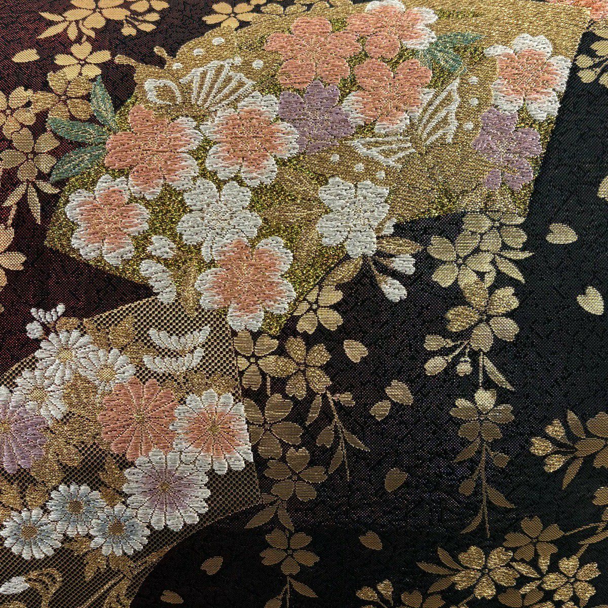 【美品】 袋帶 優品級 櫻花 扇子面 金絲 金金箔 紅黑 六通 純蠶絲