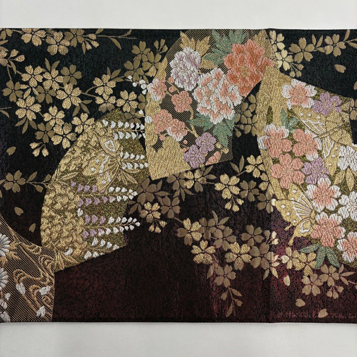 【美品】 袋帶 優品級 櫻花 扇子面 金絲 金金箔 紅黑 六通 純蠶絲