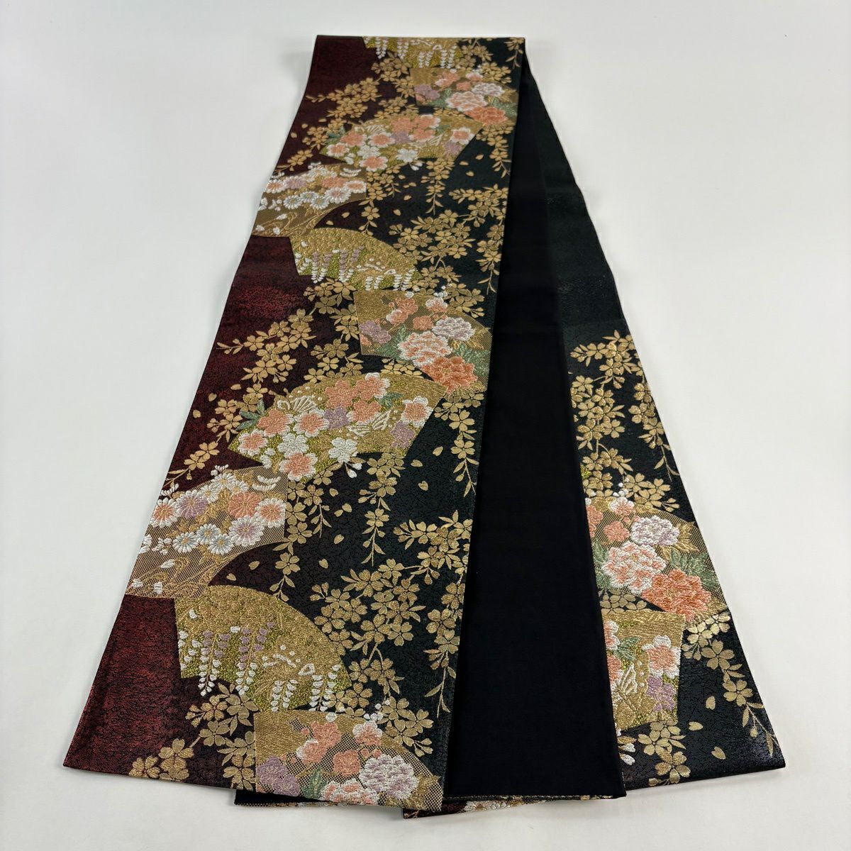 【美品】 袋帶 優品級 櫻花 扇子面 金絲 金金箔 紅黑 六通 純蠶絲