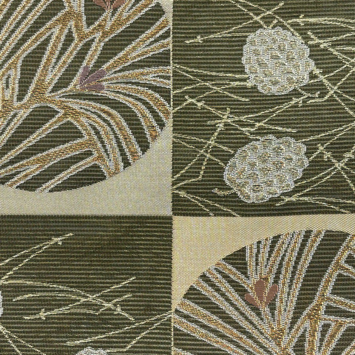 袋帶 秀品級 竜田川 夏帶 絽 若松樹 松樹笠 金絲 金金箔 茶綠 六通 純蠶絲