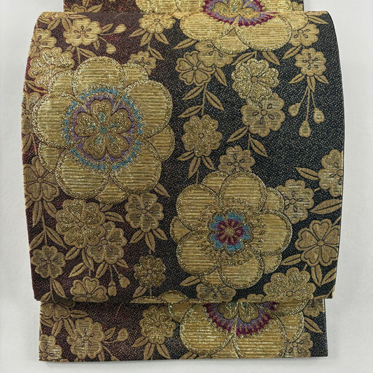 【美品】 袋帶 優品級 櫻花 金金箔 金絲 黑色 六通 純蠶絲