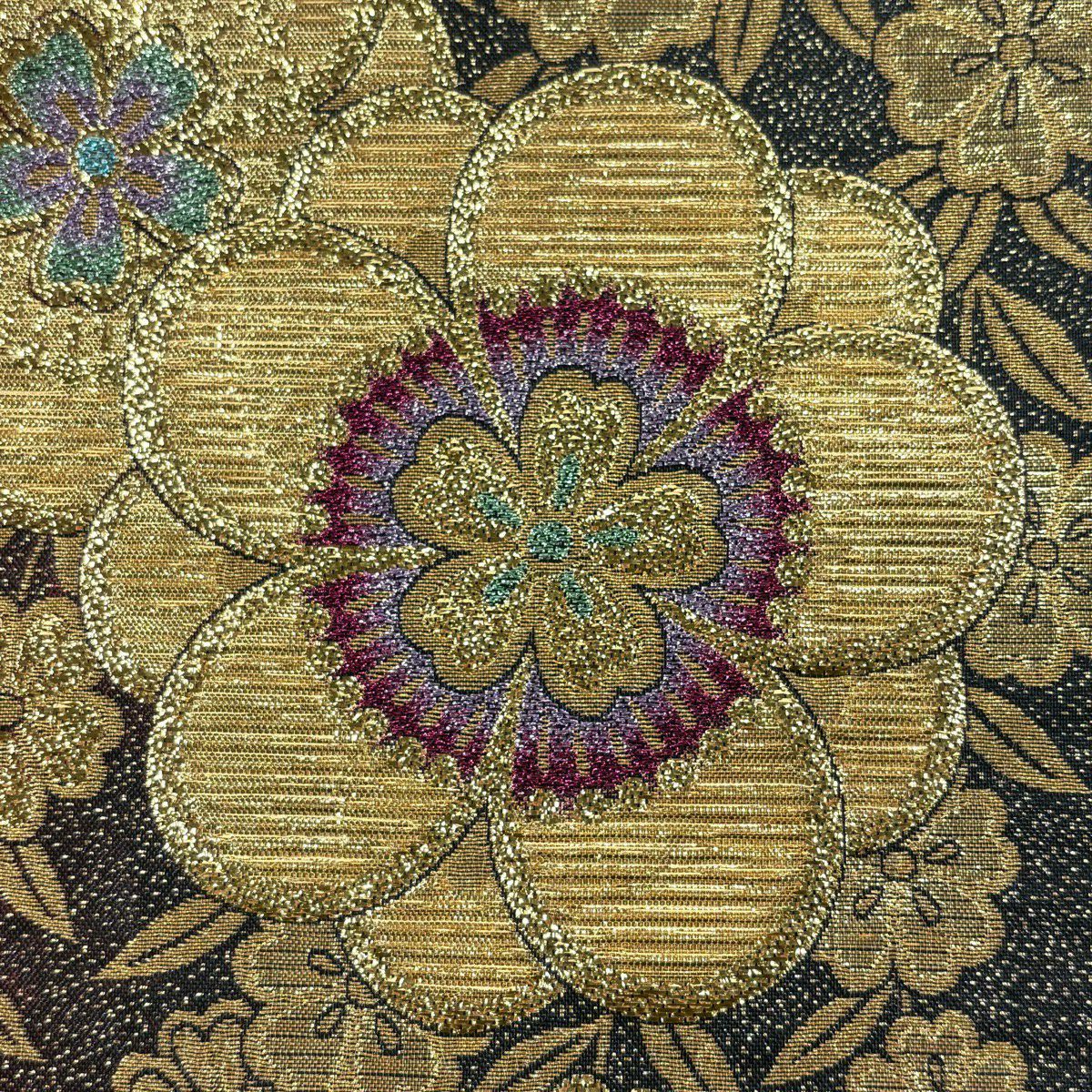 【美品】 袋帶 優品級 櫻花 金金箔 金絲 黑色 六通 純蠶絲