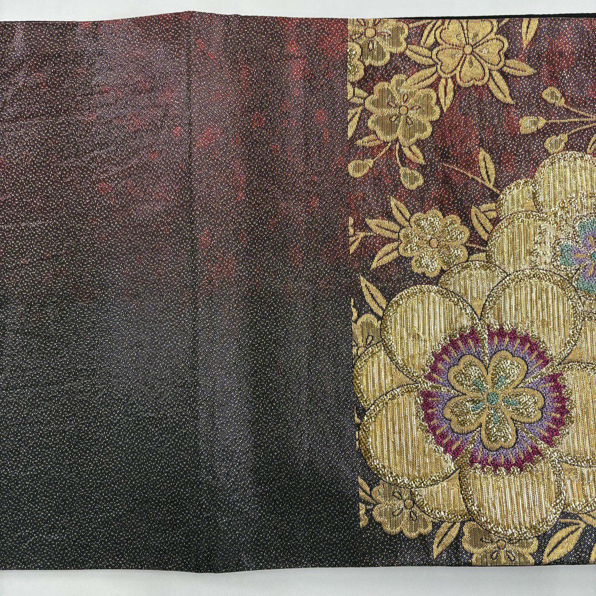 【美品】 袋帶 優品級 櫻花 金金箔 金絲 黑色 六通 純蠶絲