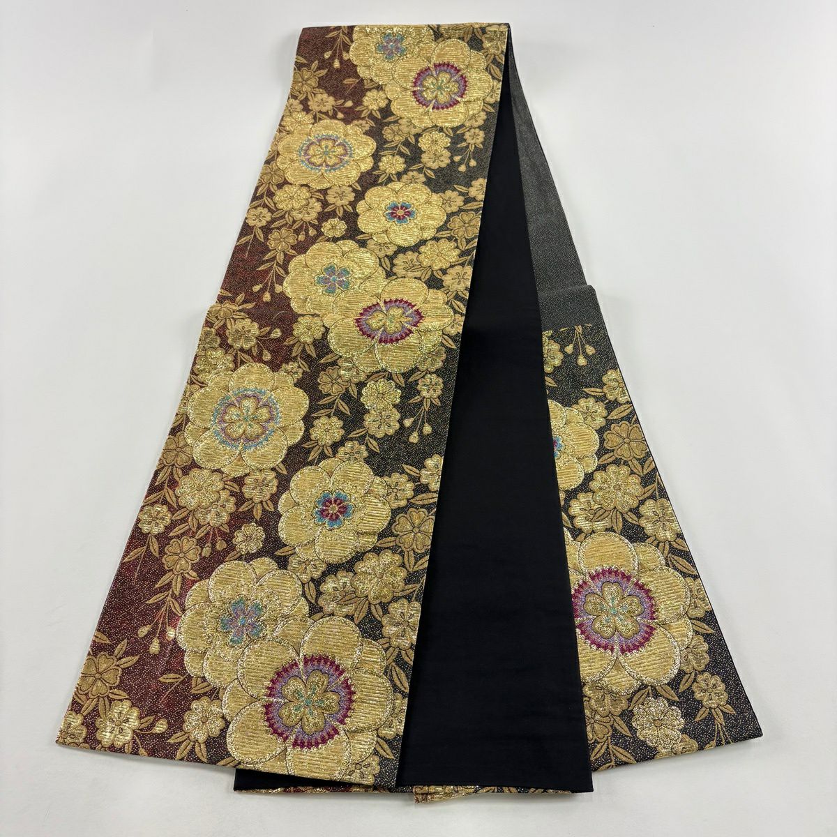 【美品】 袋帶 優品級 櫻花 金金箔 金絲 黑色 六通 純蠶絲