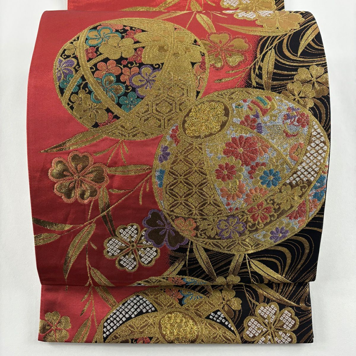 【美品】 袋帶 秀品級 彩美錦 手鞠 櫻花 金金箔 金絲 紅 六通 純蠶絲