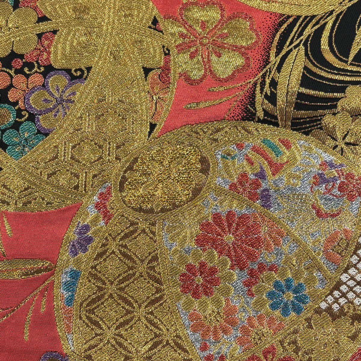 【美品】 袋帶 秀品級 彩美錦 手鞠 櫻花 金金箔 金絲 紅 六通 純蠶絲