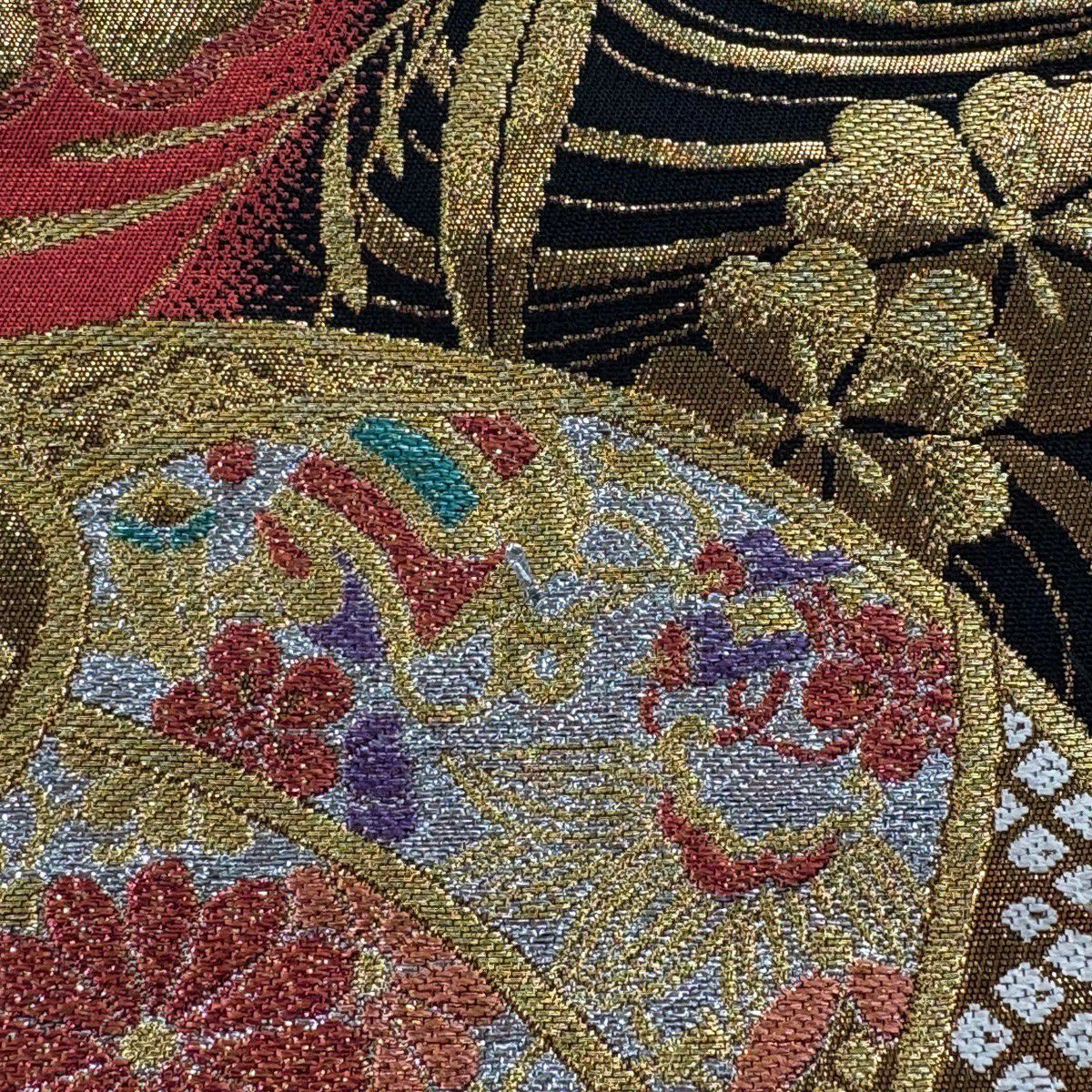 【美品】 袋帶 秀品級 彩美錦 手鞠 櫻花 金金箔 金絲 紅 六通 純蠶絲