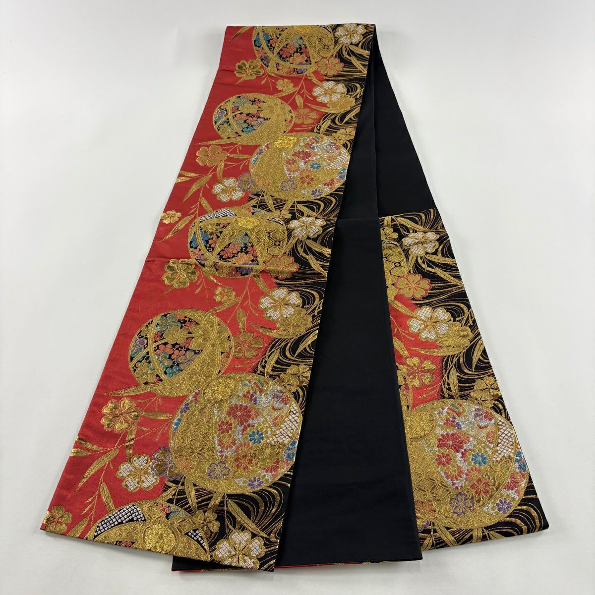 【美品】 袋帶 秀品級 彩美錦 手鞠 櫻花 金金箔 金絲 紅 六通 純蠶絲
