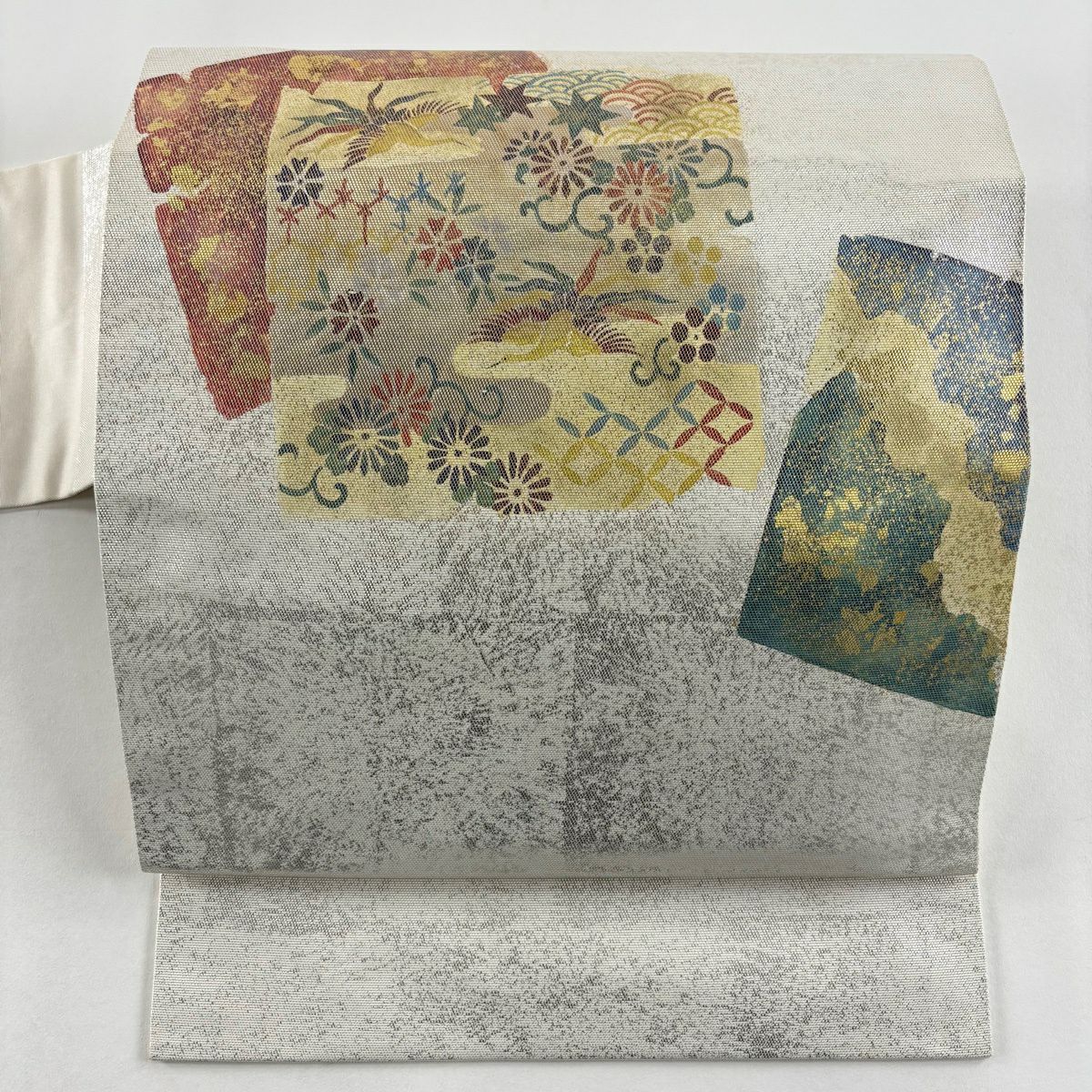 名古屋帶 秀品級 破裂色紙 花鳥 金金箔 銀 純蠶絲