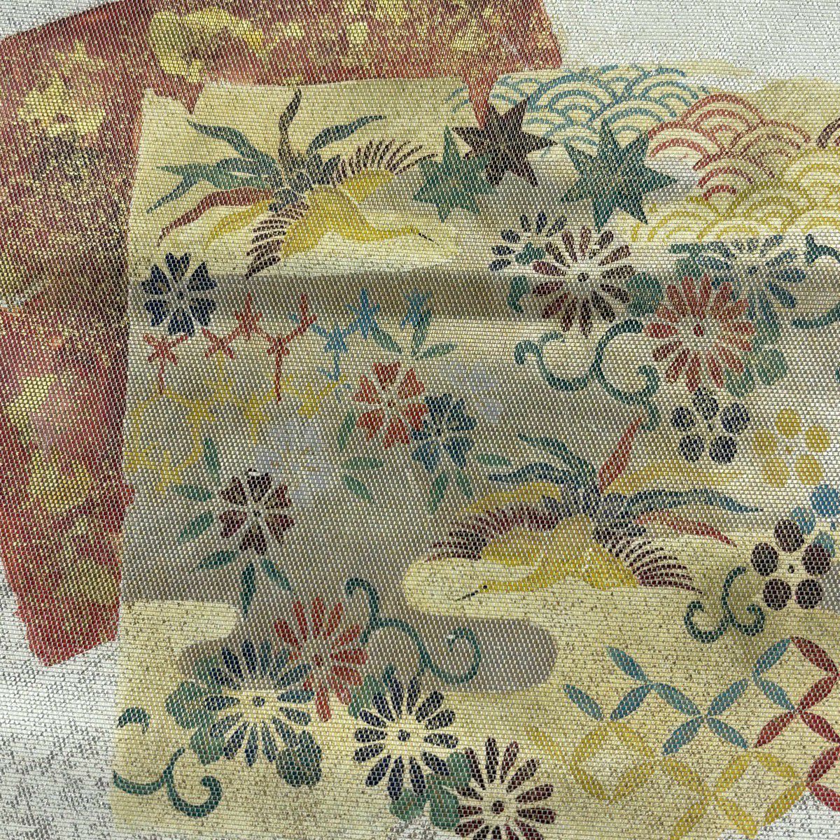名古屋帶 秀品級 破裂色紙 花鳥 金金箔 銀 純蠶絲