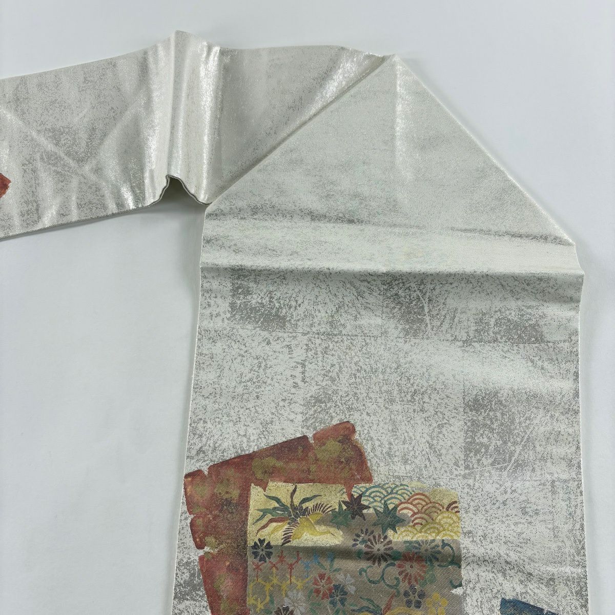 名古屋帶 秀品級 破裂色紙 花鳥 金金箔 銀 純蠶絲