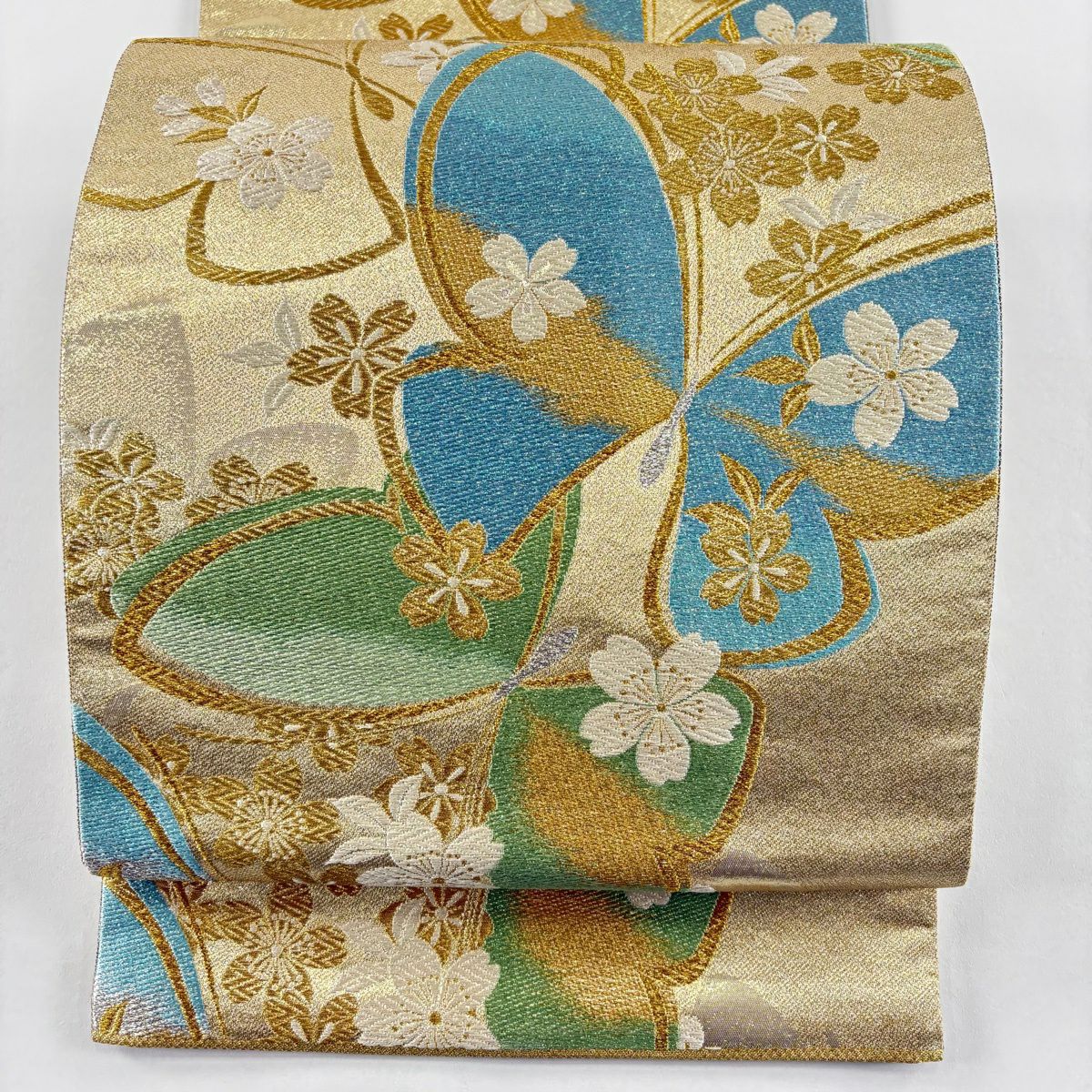 【美品】 袋帶 秀品級 流流振 LONG SIZE 雙面 蝶 櫻花 唐織 金金箔 金色 六通 純蠶絲