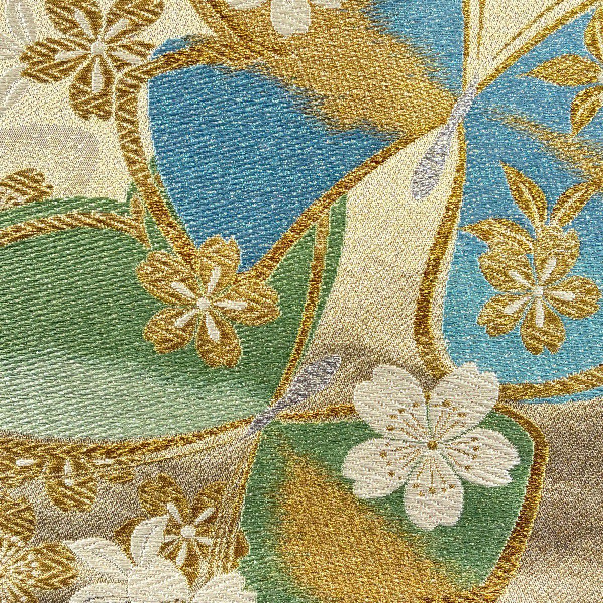 【美品】 袋帶 秀品級 流流振 LONG SIZE 雙面 蝶 櫻花 唐織 金金箔 金色 六通 純蠶絲