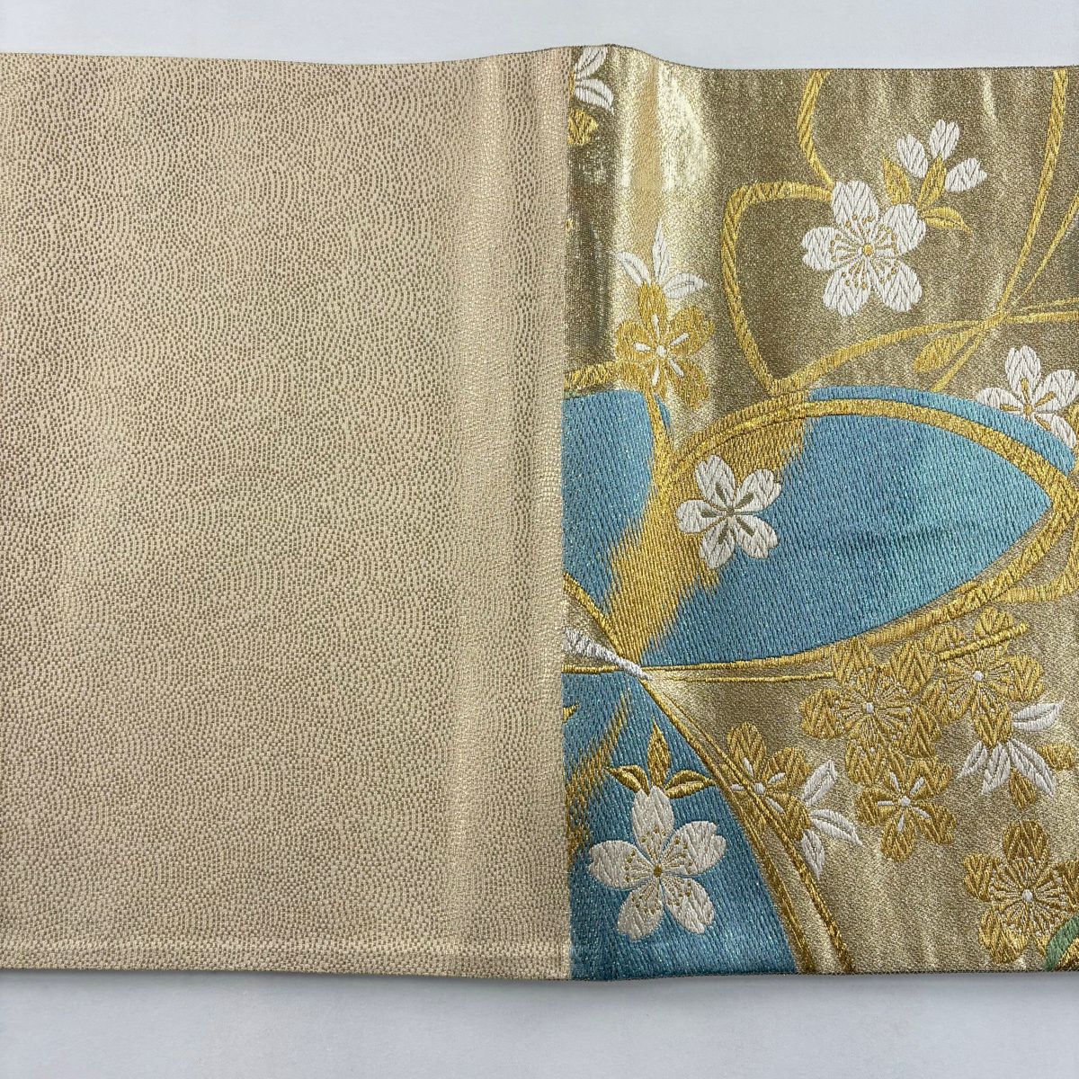 【美品】 袋帶 秀品級 流流振 LONG SIZE 雙面 蝶 櫻花 唐織 金金箔 金色 六通 純蠶絲