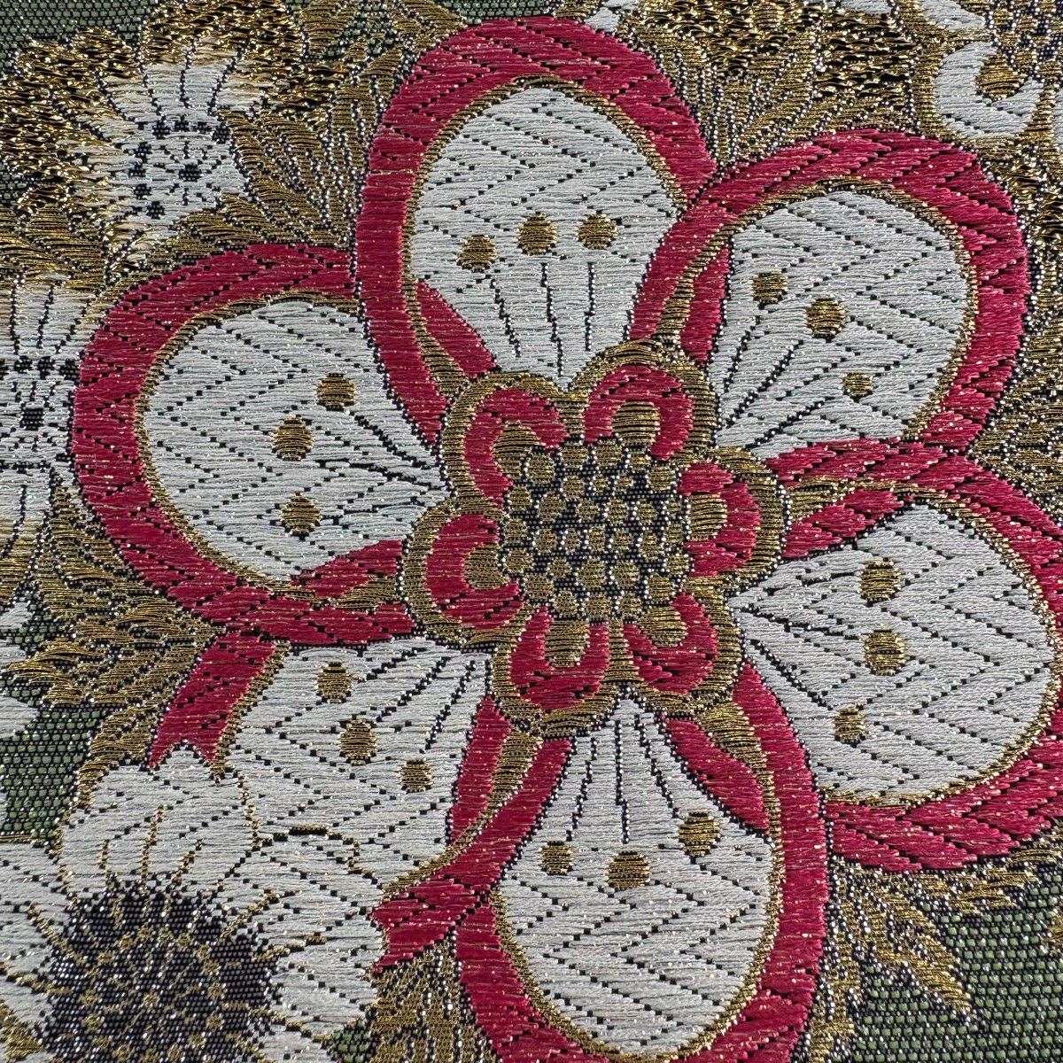 【美品】 袋帶 秀品級 萌希 TWINCOLORE 可逆 櫻花 草花紋 唐織 金金箔 黑 六通 純蠶絲