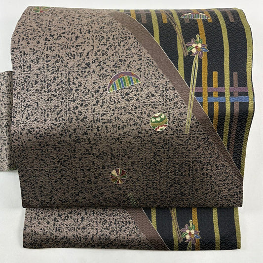 【美品】名古屋帶 秀品級 髮簪 髮梳 金通 金銀彩 灰茶 純蠶絲