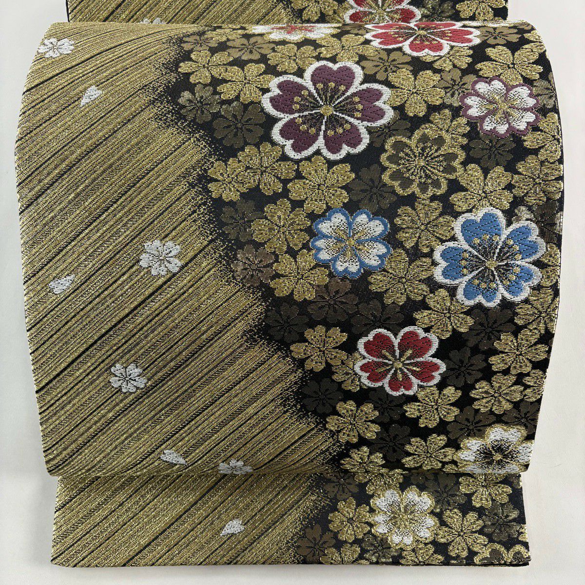 袋帶 秀品級 櫻花 斜紋 金絲 唐織 金 六通 純蠶絲