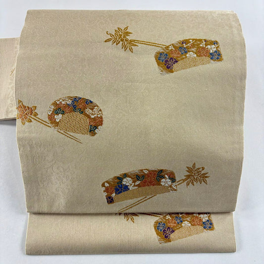 【美品】名古屋帶 秀品級 櫛 髮簪 薄茶 純蠶絲