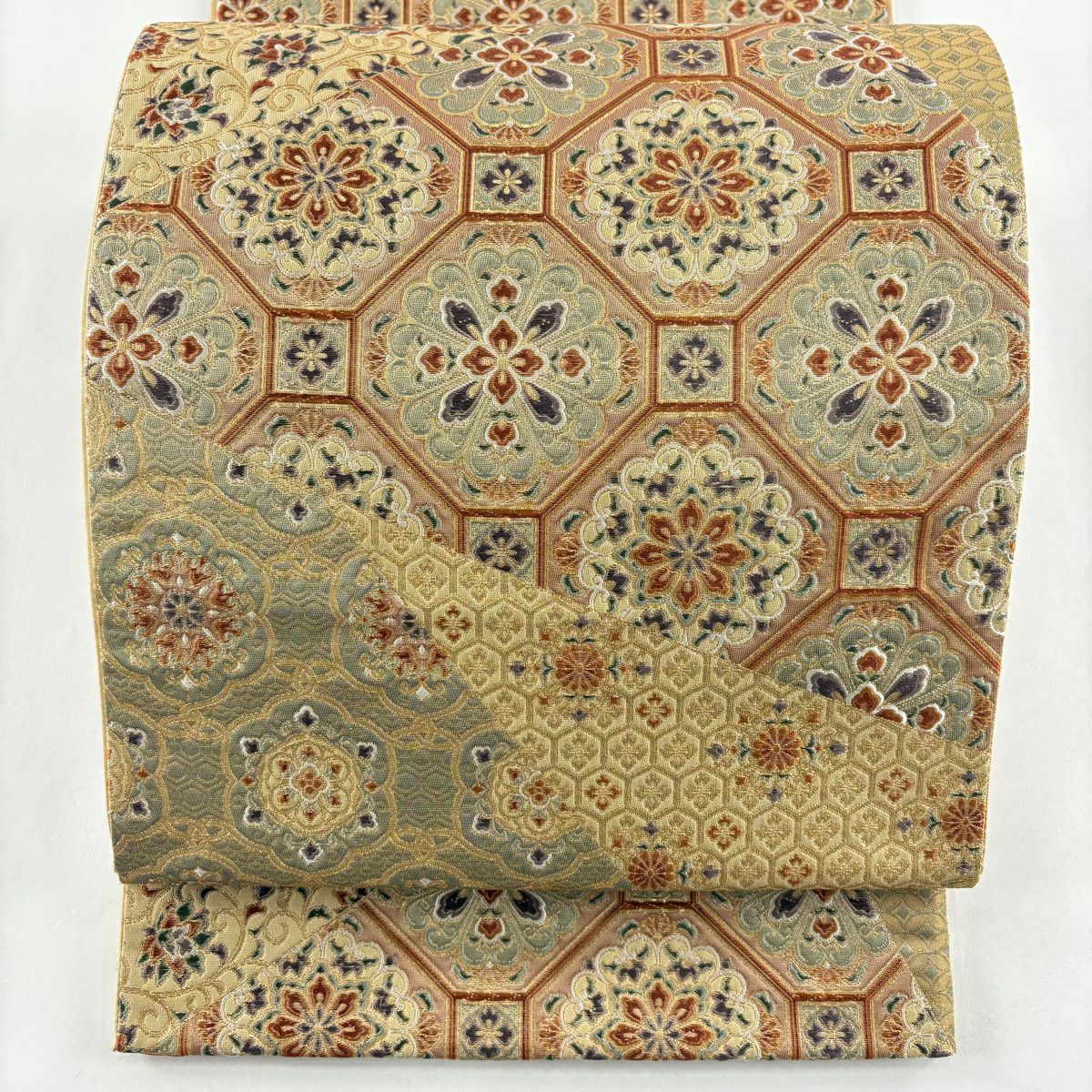 袋帶 秀品級 蜀江華紋 花唐草紋 金絲 金金箔 米色 六通 純蠶絲
