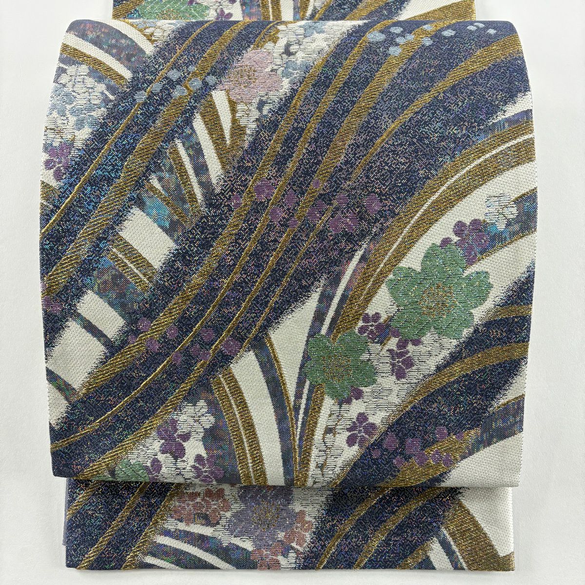 【美品】 袋帶 秀品級 櫻花 幾何學 金金箔 青紫 六通 純蠶絲