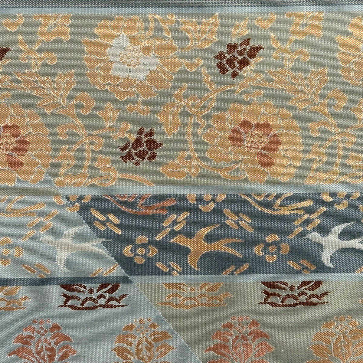 【美品】 袋帶 秀品級 關西仕立 雙層條紋 花唐草紋 金金箔 灰色 六通 純蠶絲