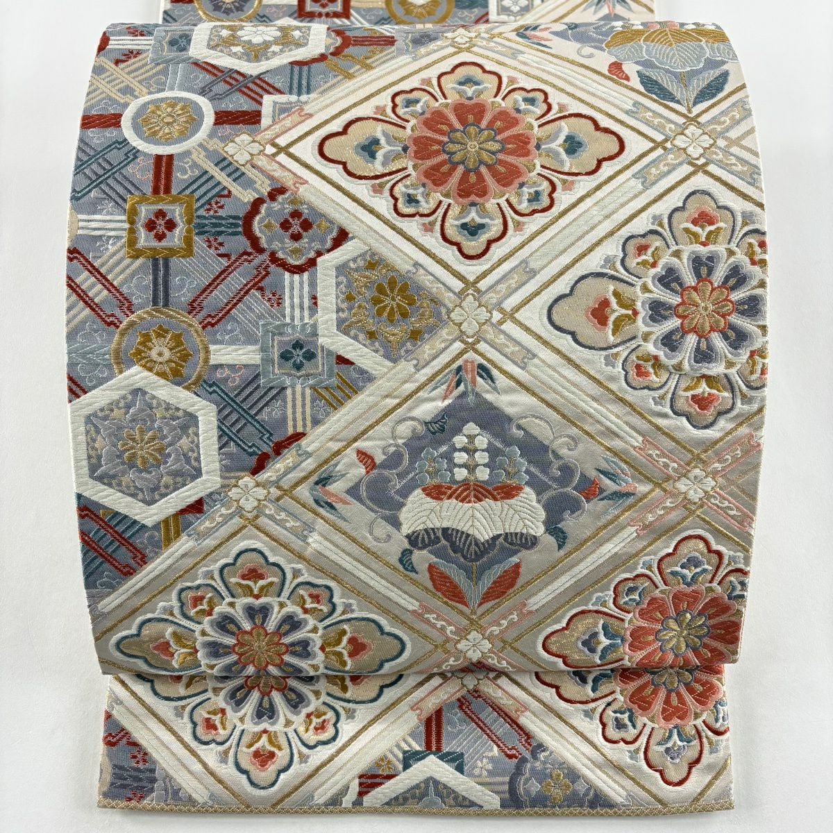 【美品】 袋帶 秀品級 關西仕立 花菱 桐 金絲 金金箔 淺茶 六通 純蠶絲