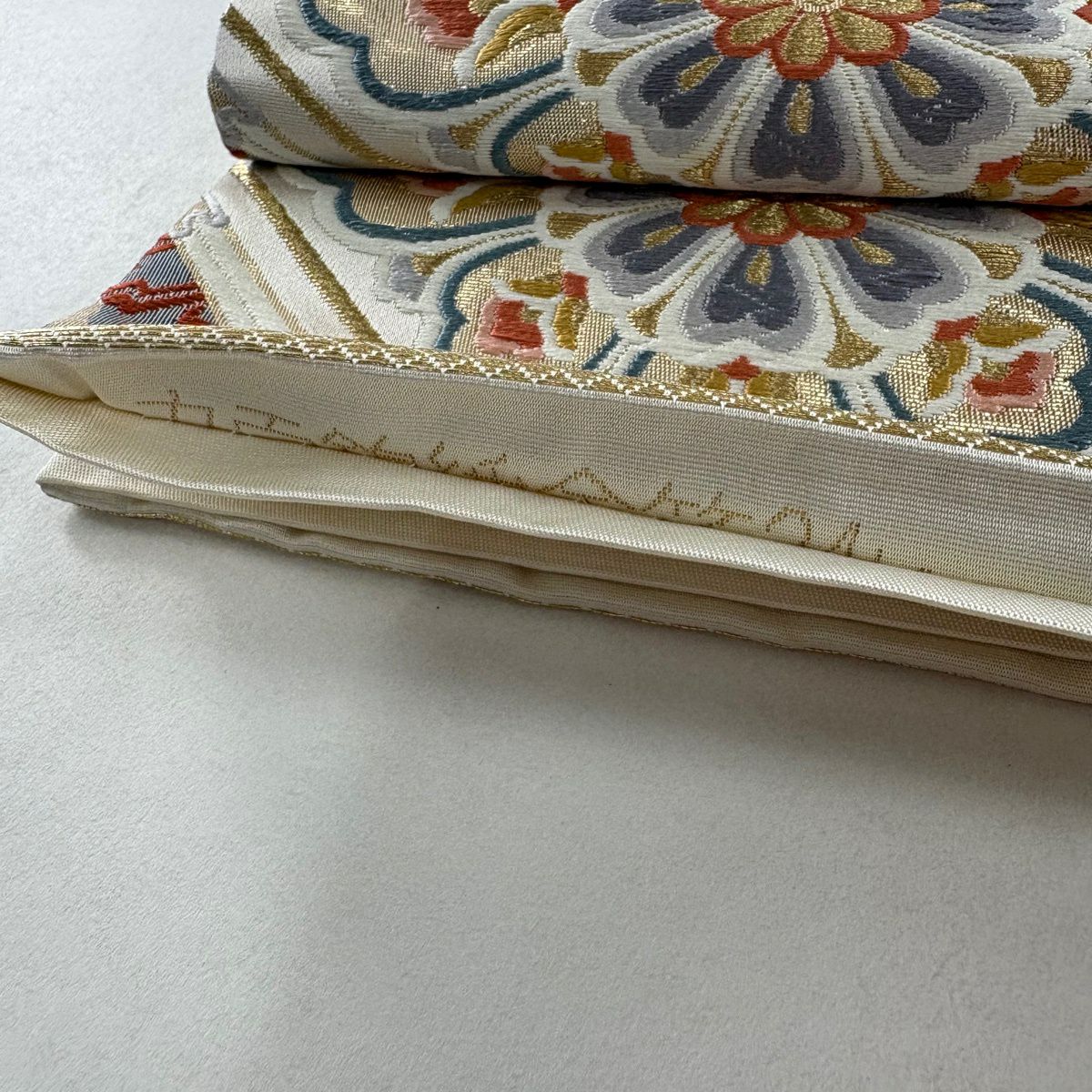 【美品】 袋帶 秀品級 關西仕立 花菱 桐 金絲 金金箔 淺茶 六通 純蠶絲