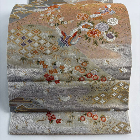 袋帶 秀品級 服部織物 落款あり 關西仕立 雞仙鶴 松樹竹子梅花 金絲 金金箔 粉米色 六通 純蠶絲