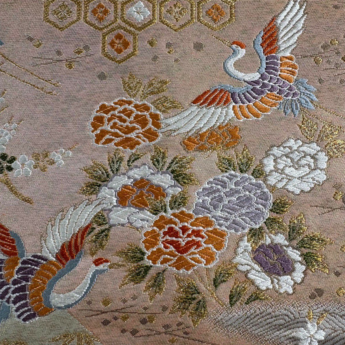 袋帶 秀品級 服部織物 落款あり 關西仕立 雞仙鶴 松樹竹子梅花 金絲 金金箔 粉米色 六通 純蠶絲
