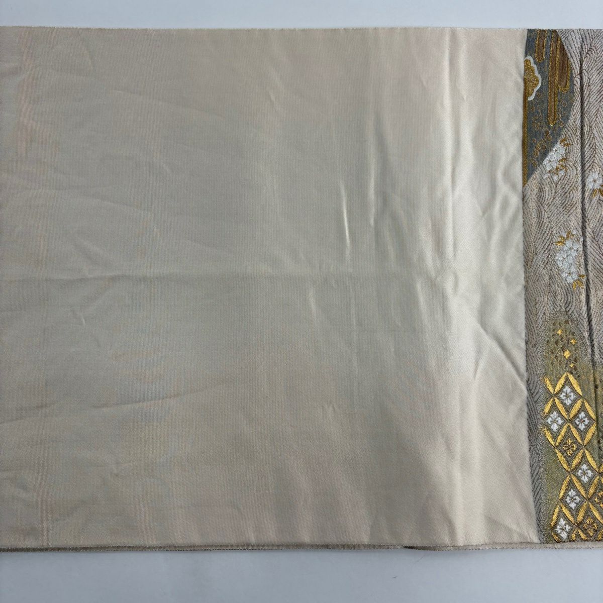袋帶 秀品級 服部織物 落款あり 關西仕立 雞仙鶴 松樹竹子梅花 金絲 金金箔 粉米色 六通 純蠶絲