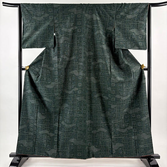 【美品】結城紬織 身長161.5cm 袖長64cm M 雙層 本場結城紬織 證書あり 華紋 唐草紋 綠 純蠶絲 逸品級