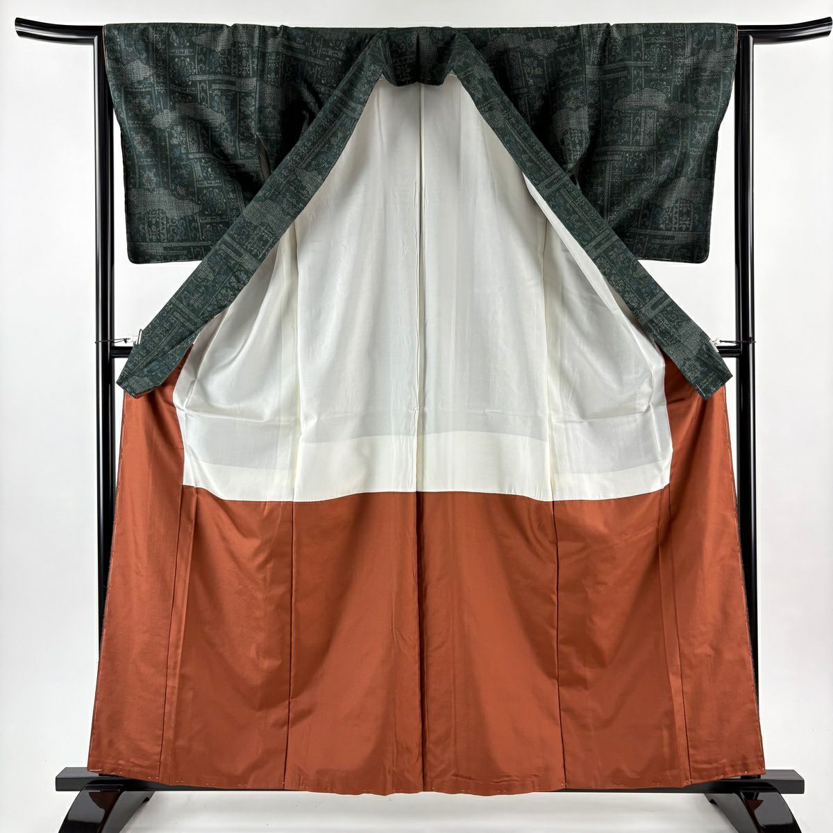 【美品】結城紬織 身長161.5cm 袖長64cm M 雙層 本場結城紬織 證書あり 華紋 唐草紋 綠 純蠶絲 逸品級