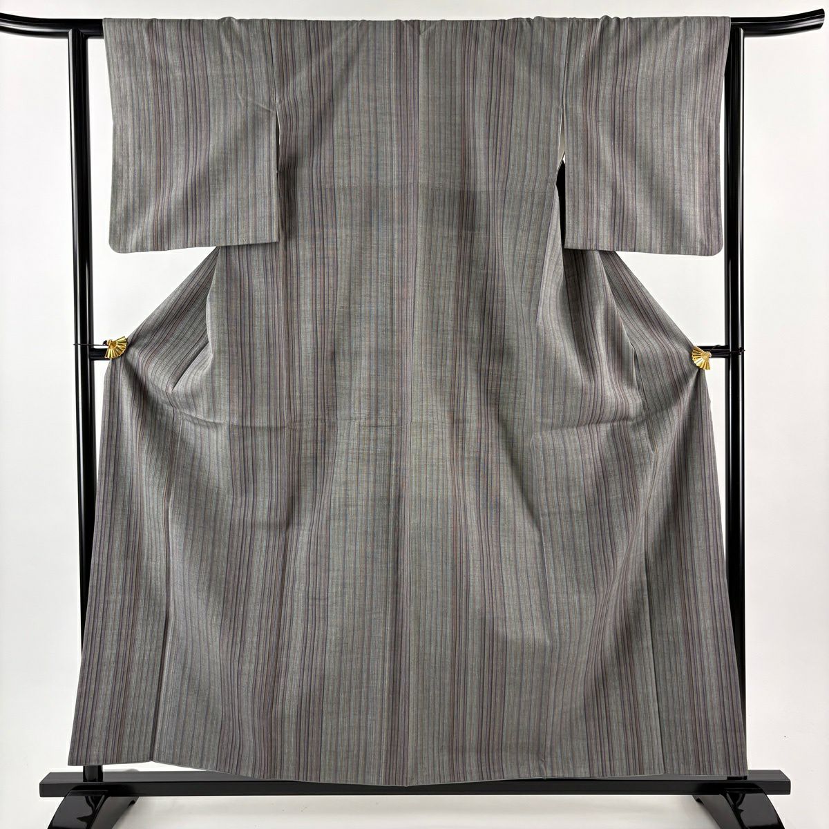 【美品】結城紬織 身長159cm 袖長62cm S 雙層 本場結城紬織 證書附帶 縱條紋 青灰 純蠶絲 逸品級