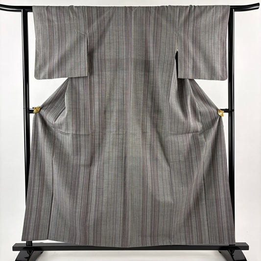 【美品】結城紬織 身長159cm 袖長62cm S 雙層 本場結城紬織 證書附帶 縱條紋 青灰 純蠶絲 逸品級