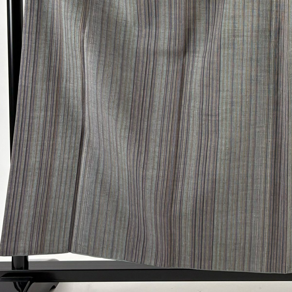 【美品】結城紬織 身長159cm 袖長62cm S 雙層 本場結城紬織 證書附帶 縱條紋 青灰 純蠶絲 逸品級