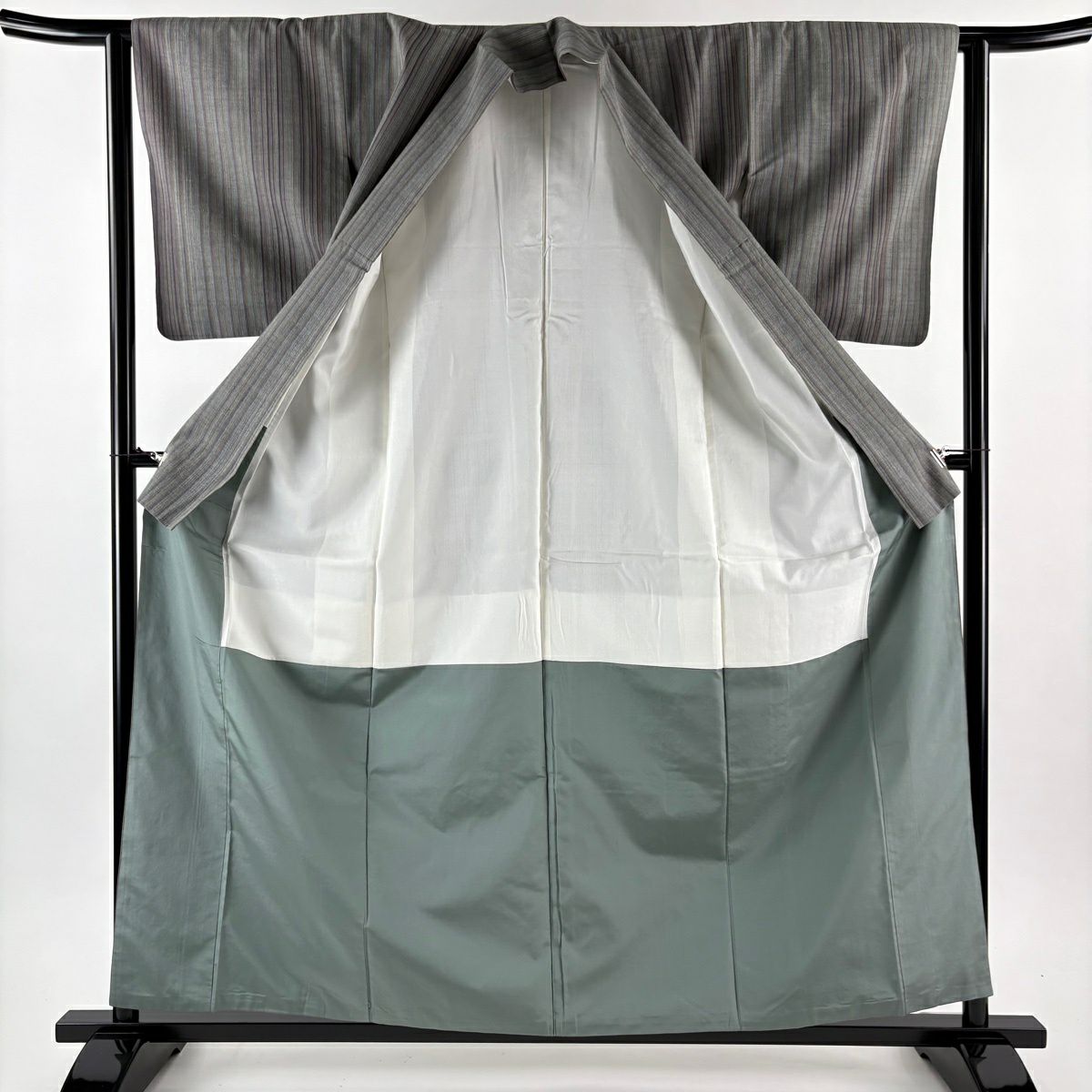 【美品】結城紬織 身長159cm 袖長62cm S 雙層 本場結城紬織 證書附帶 縱條紋 青灰 純蠶絲 逸品級