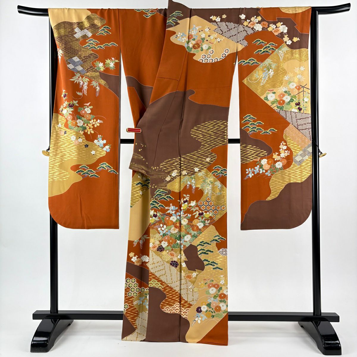 振袖禮服 身長162cm 袖長68.5cm L 雙層 千總 誰が袖好み 落款 草花紋紋 霞 金絲 金銀彩 橙色 純蠶絲 逸品級