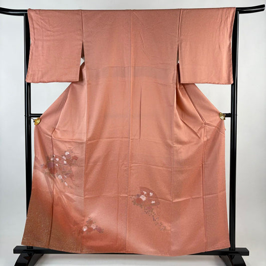 【美品】 付下 身長159cm 袖長63.5cm S 雙層 扇子 草花紋刺繡 金銀彩 粉紅 純蠶絲 秀品級