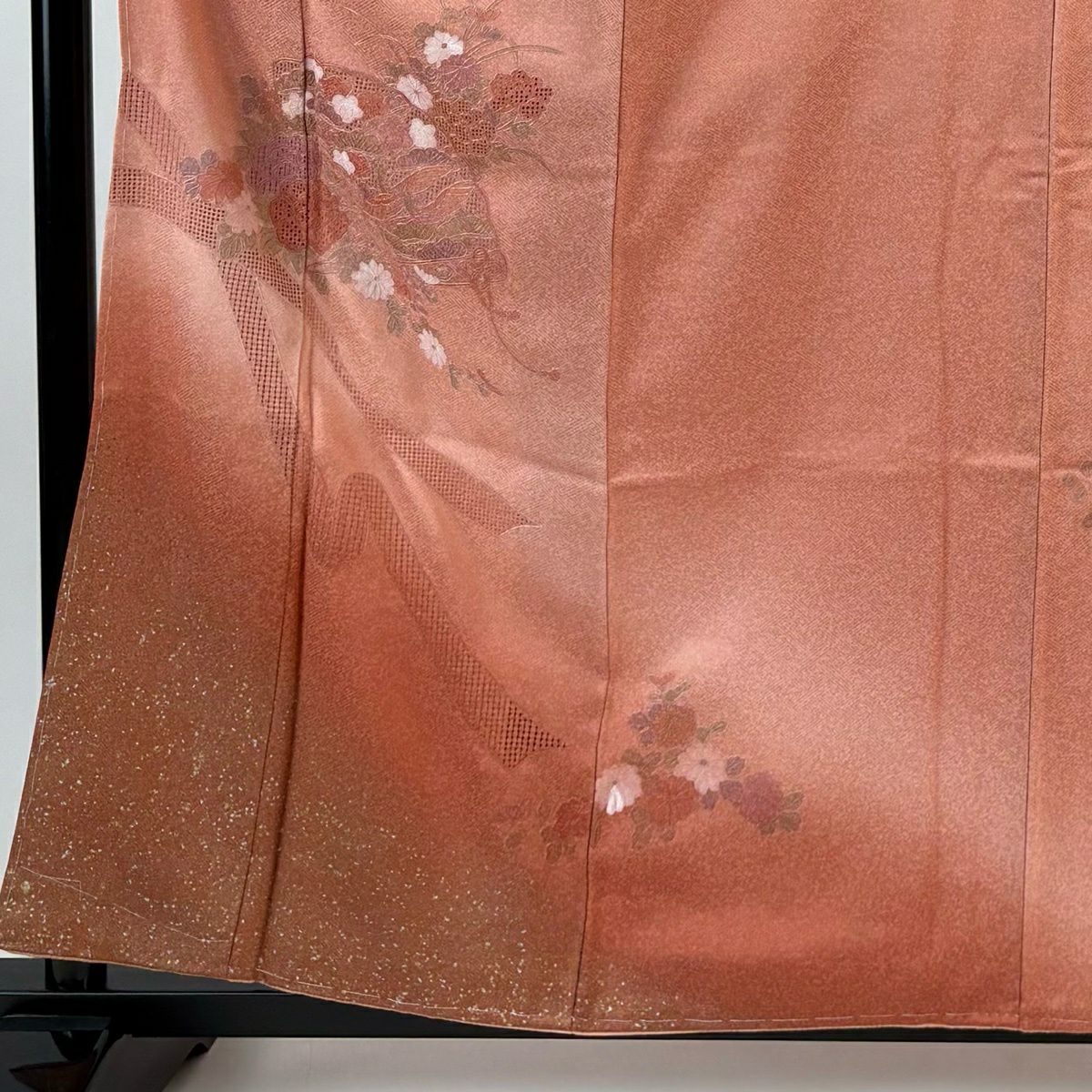 【美品】 付下 身長159cm 袖長63.5cm S 雙層 扇子 草花紋刺繡 金銀彩 粉紅 純蠶絲 秀品級