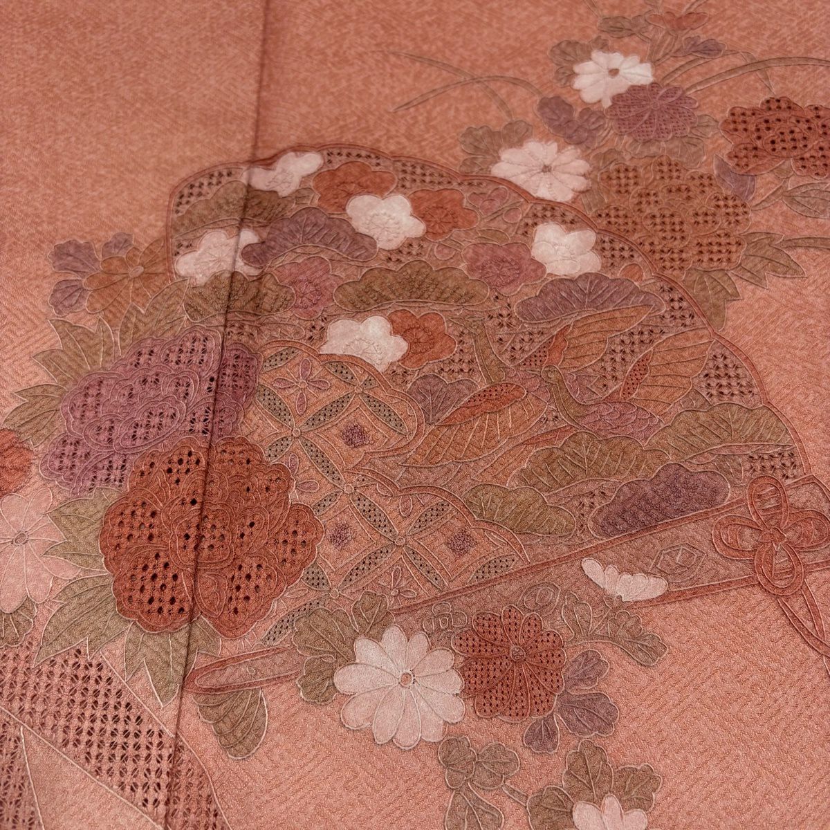 【美品】 付下 身長159cm 袖長63.5cm S 雙層 扇子 草花紋刺繡 金銀彩 粉紅 純蠶絲 秀品級