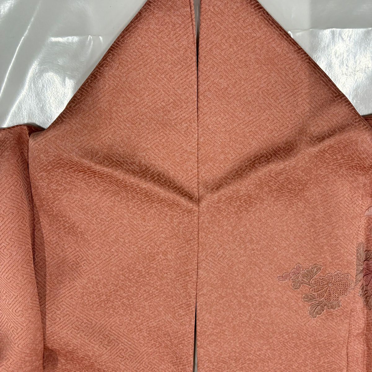 【美品】 付下 身長159cm 袖長63.5cm S 雙層 扇子 草花紋刺繡 金銀彩 粉紅 純蠶絲 秀品級